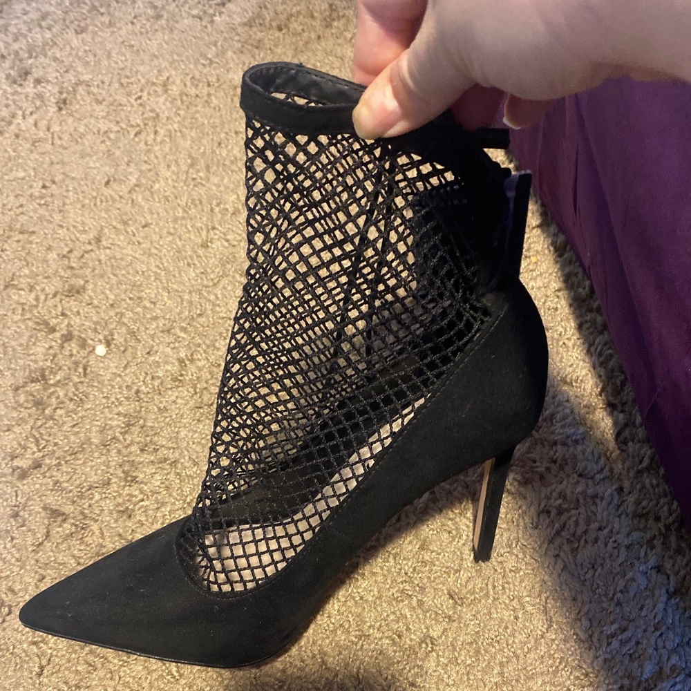 ZARA Black Lace-Up Mesh Heels Size 7.5 | Pointed Toe Stiletto Pumps (NWT)
